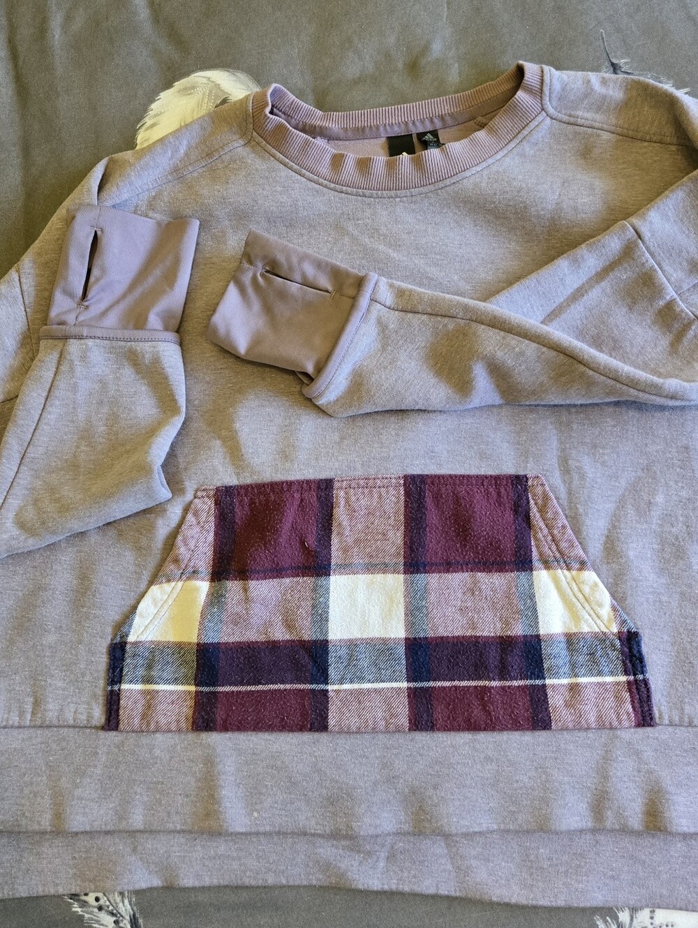 Adidas Women's Lavender Crewneck Cropped Sweater with Plaid Pocket
